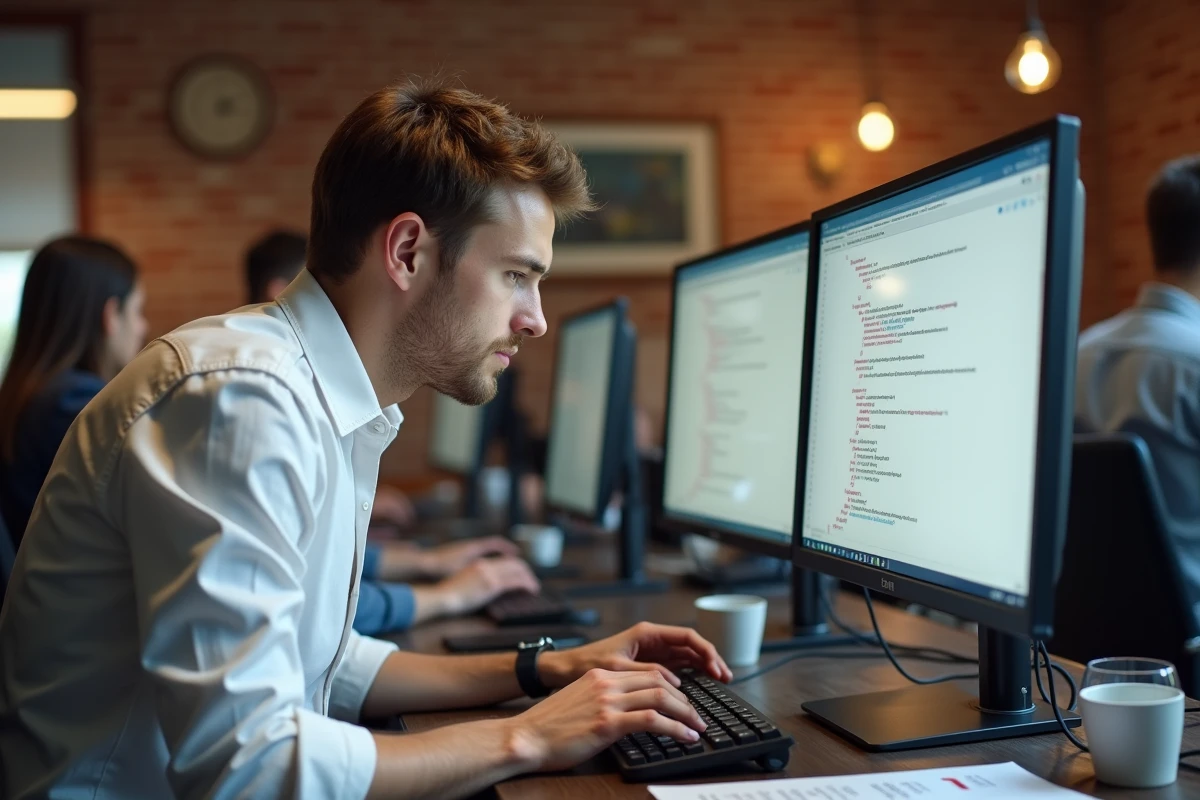 Développeur débutant analysant des erreurs de mise en page HTML sur deux écrans dans un espace de coworking