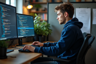 Jeune developpeur en hoodie code sur ses écrans