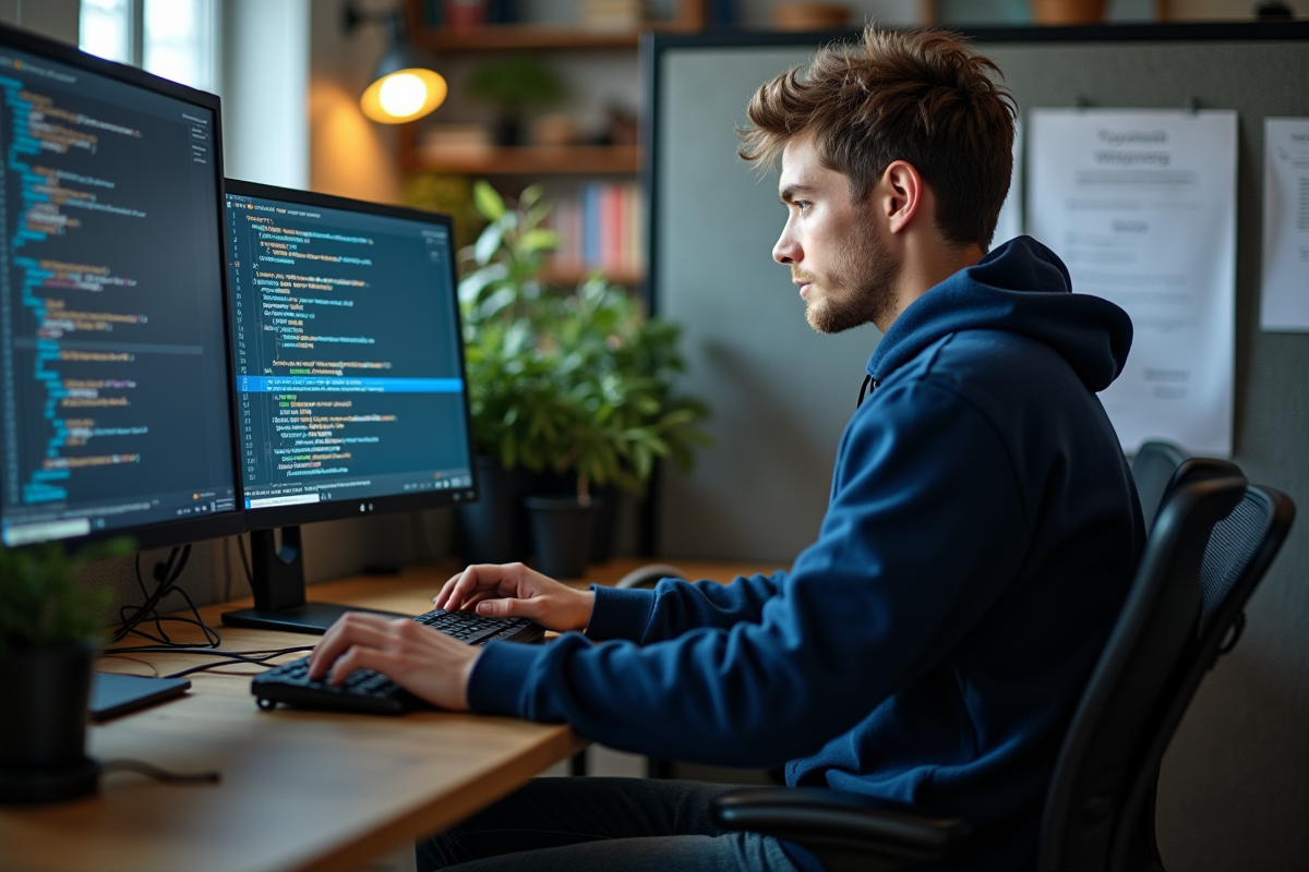 Jeune developpeur en hoodie code sur ses écrans
