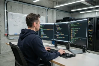 Développeur Python configurant une API REST en production sur deux écrans affichant des logs et du code dans un bureau tech moderne