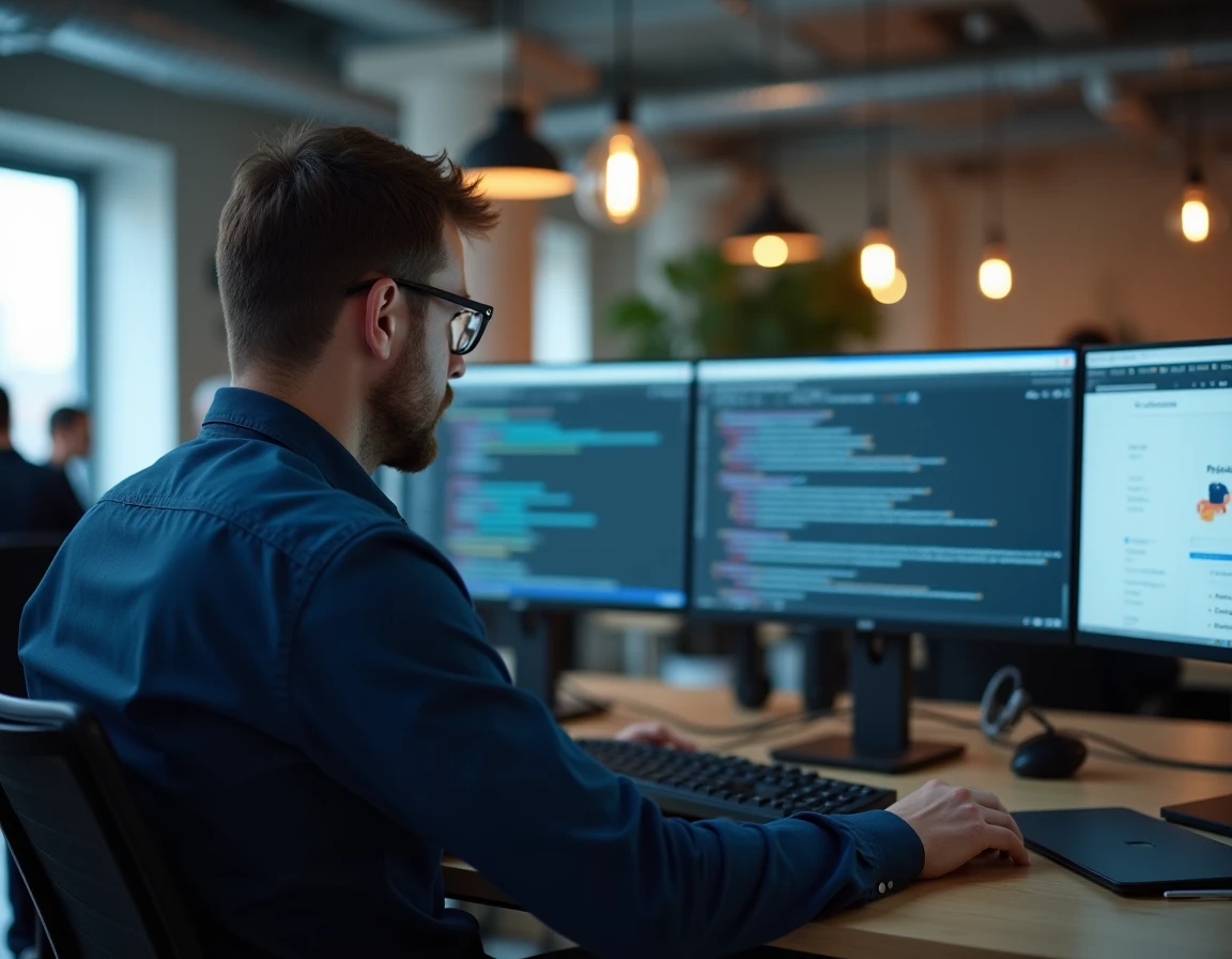 Développeur masculin analysant du code Python et des résultats d'intelligence artificielle sur plusieurs écrans dans un open space de startup