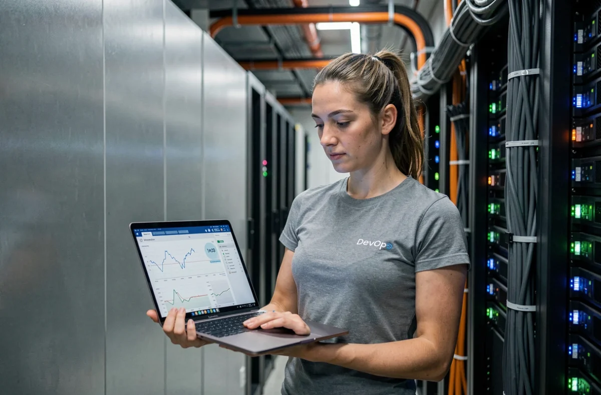 Ingénieure DevOps surveillant les métriques d'une API REST Python dans une salle de serveurs avec tableau de bord de monitoring