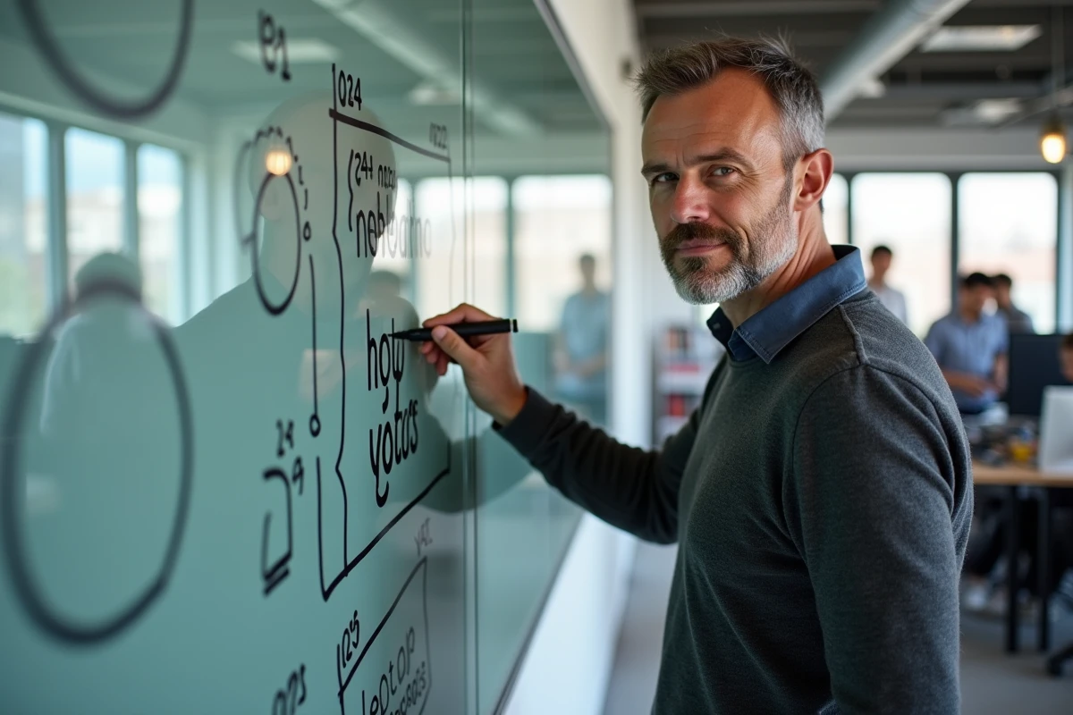 Directeur artistique présentant des esquisses de logos et styles typographiques sur un tableau en verre dans un bureau créatif
