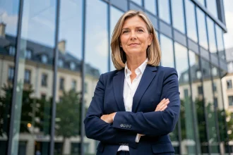Femme cadre dirigeante devant le siège d'une ESN française, illustrant le positionnement concurrentiel des entreprises de services numériques en France