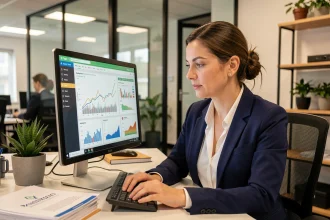 Dirigeante de TPE analysant des indicateurs de rentabilité sur un logiciel de gestion Domatel dans son bureau professionnel