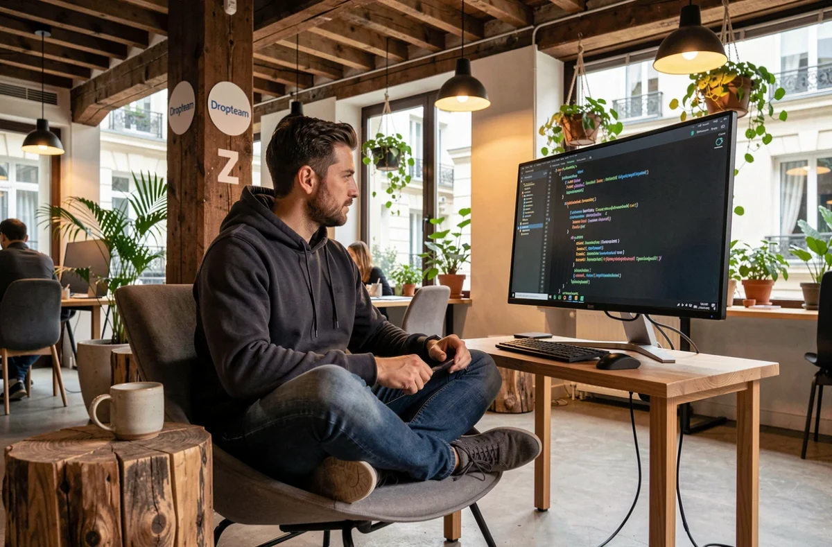 Développeur Dropteam codant dans un bureau au style startup avec logo visible sur un pilier à Paris