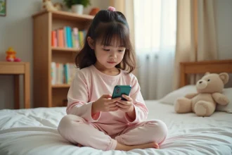 Petite fille en pyjama réglant l'alarme de son iPhone avant de dormir dans sa chambre