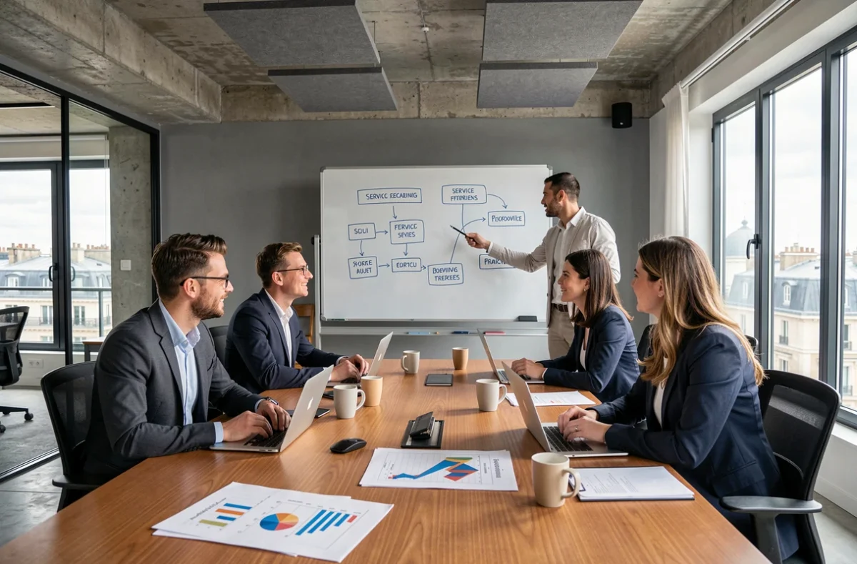Équipe de consultants IT en réunion stratégique dans les locaux d'une ESN parisienne, analysant le positionnement des entreprises de services numériques sur le marché français