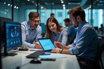 Equipe IT diverse discutant d un diagramme digital en bureau moderne