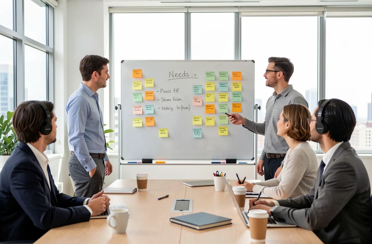 Équipe qui compare des besoins autour d'un tableau blanc