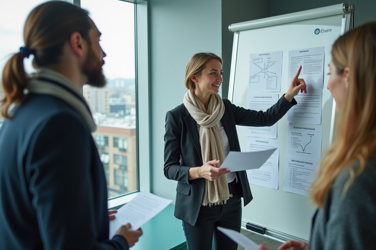 Jeune femme expliquant un diagramme SEO à ses collègues