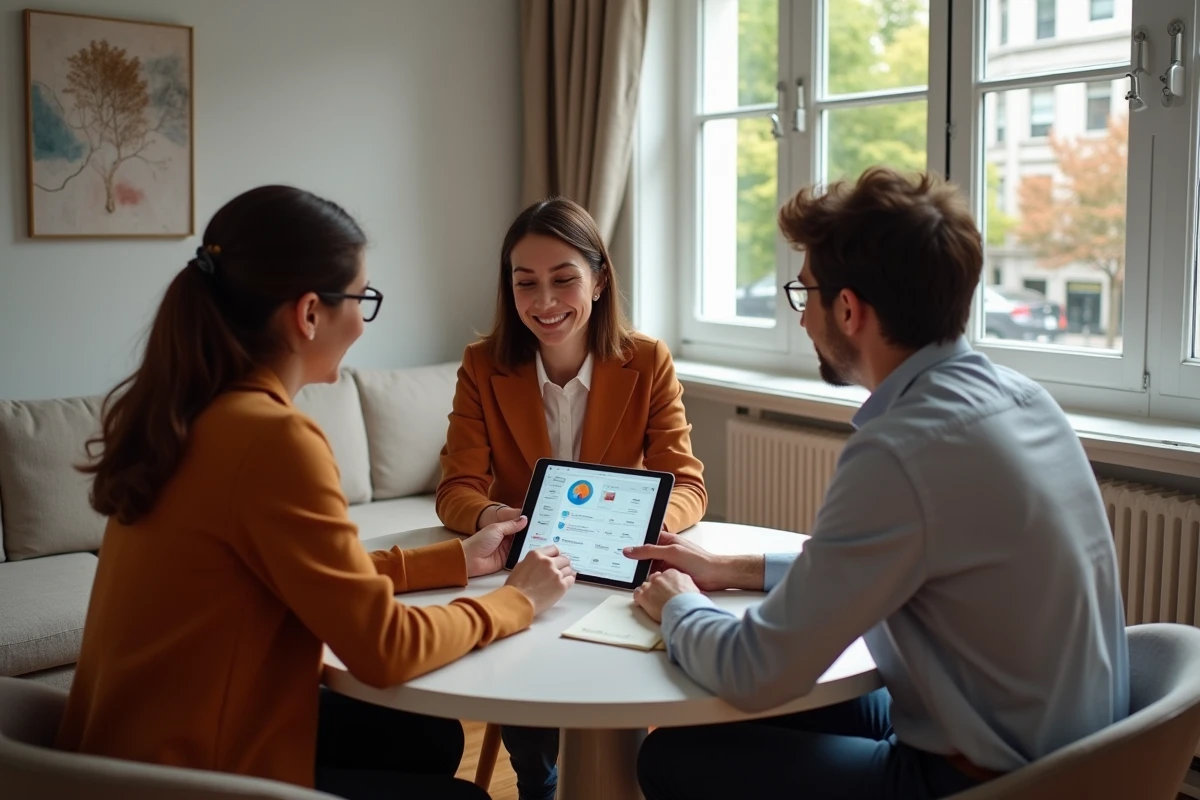 Équipe de collaborateurs en télétravail hybride partageant un portail intranet unique sur une tablette