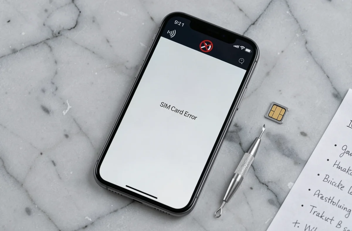 Vue du dessus d'un smartphone affichant une erreur de carte SIM posé sur une surface en marbre avec un outil d'éjection SIM