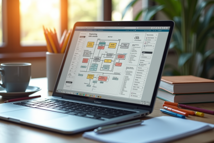 Espace de travail créatif avec ordinateur portable et notes