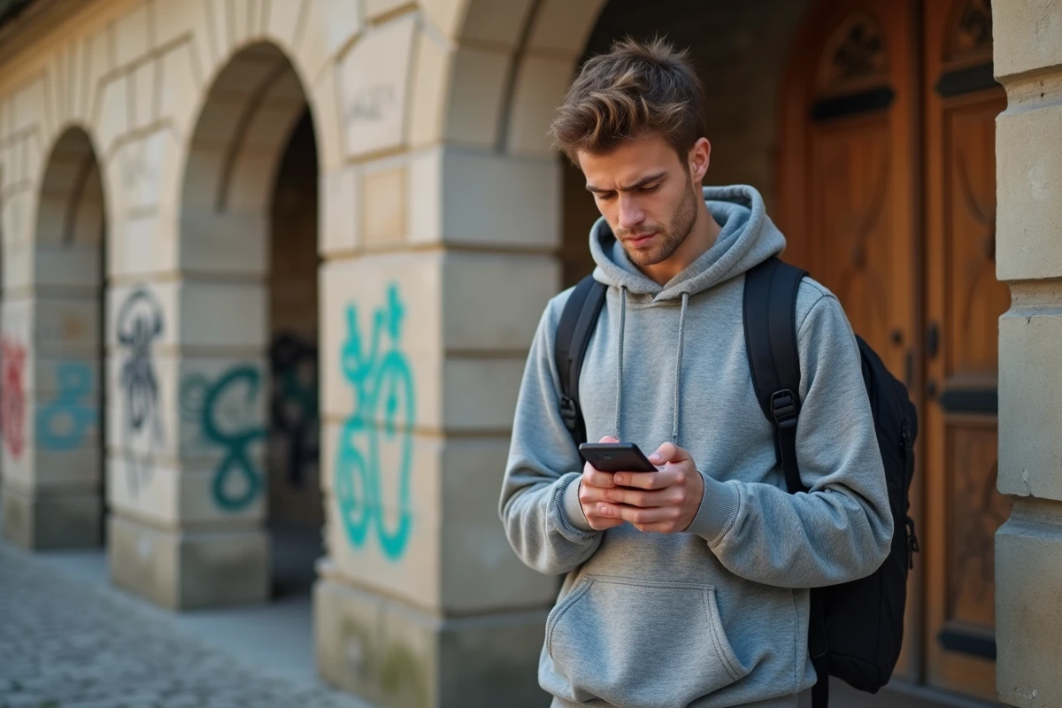 Etudiant &eacute;tudiant pr&egrave;s d un b&acirc;timent historique &agrave; Caen utilisant son smartphone