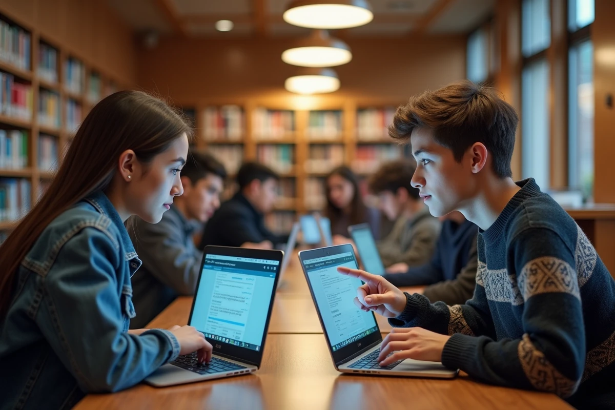 Deux lycéens comparant le webmail et l'ENT scolaire sur leurs ordinateurs portables dans une bibliothèque