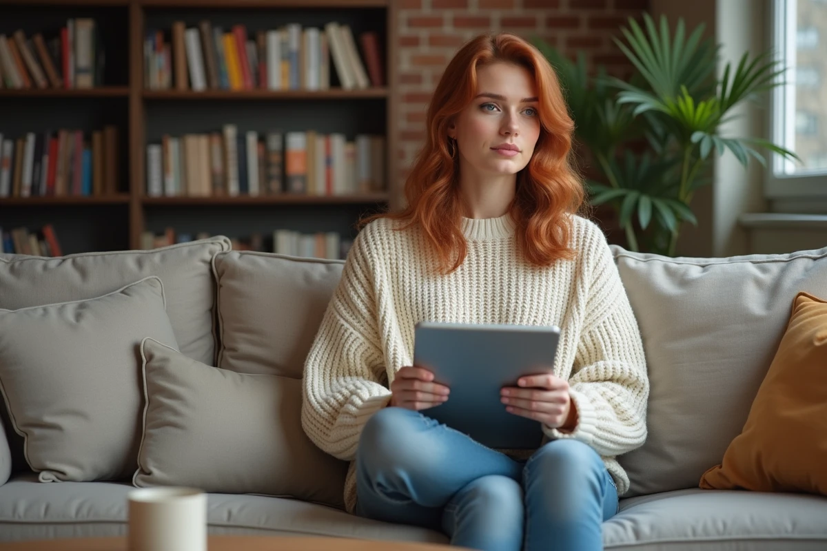 Femme évaluant une application sur tablette dans un salon chaleureux, illustrant la stabilité et la confidentialité d'un service numérique