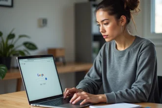 Femme utilisant un ordinateur portable pour accéder à Google USA depuis la France dans un bureau à domicile