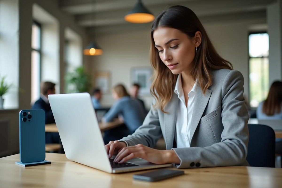 Femme comparant des offres d'iPhone 12 Pro reconditionnés sur un site français depuis un espace de coworking