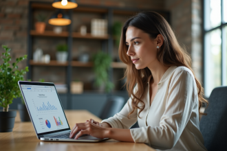 Femme d affaires analysant des données sur un ordinateur