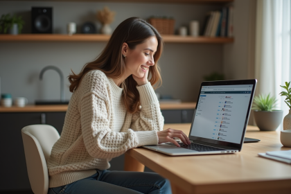 Femme concentrée sur son ordinateur portable dans un appartement moderne