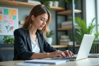 Jeune femme au bureau travaillant sur une tablette numérique