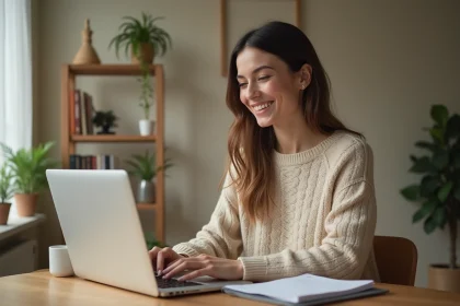 Jeune femme souriante travaillant sur son ordinateur dans un bureau cosy