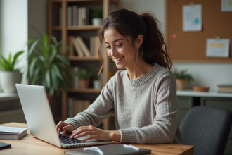 Jeune femme au bureau cosy utilisant un ordinateur portable