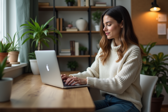 Jeune femme en bureau moderne utilisant une app no-code