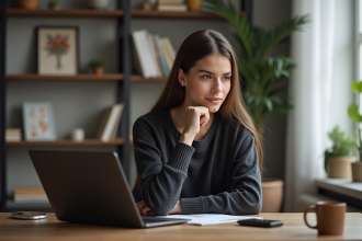 Jeune femme concentrée travaillant sur son ordinateur dans un bureau