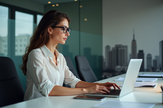 Femme au bureau regardant un rapport sur son ordinateur