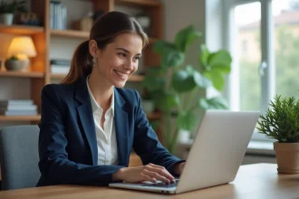 Femme en costume de bureau travaillant sur son ordinateur