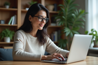 Femme au bureau regardant Outlook sur son ordinateur