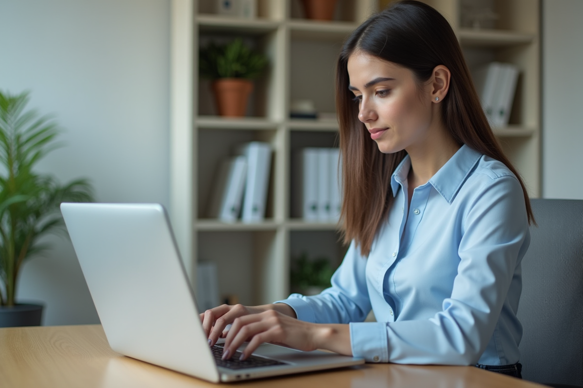 Jeune femme professionnelle construisant une présentation sur son ordinateur