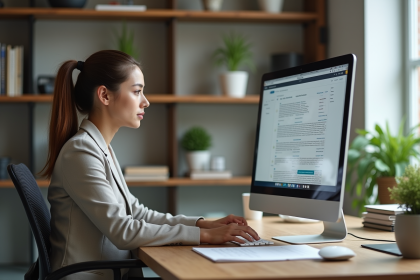 Jeune femme concentrée devant un ordinateur avec plan du site web