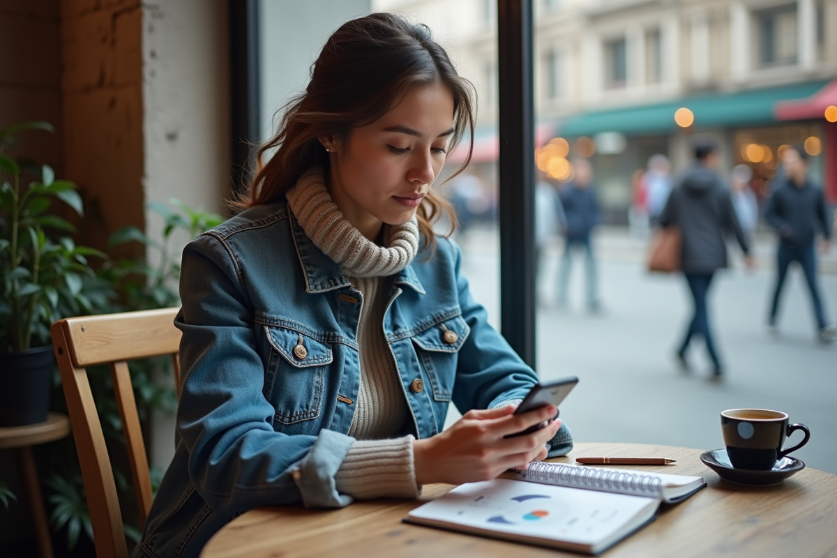 Femme au café examinant des graphiques sur son smartphone