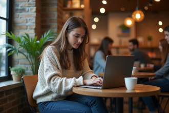 Jeune femme au café utilisant son ordinateur pour se connecter en toute sécurité