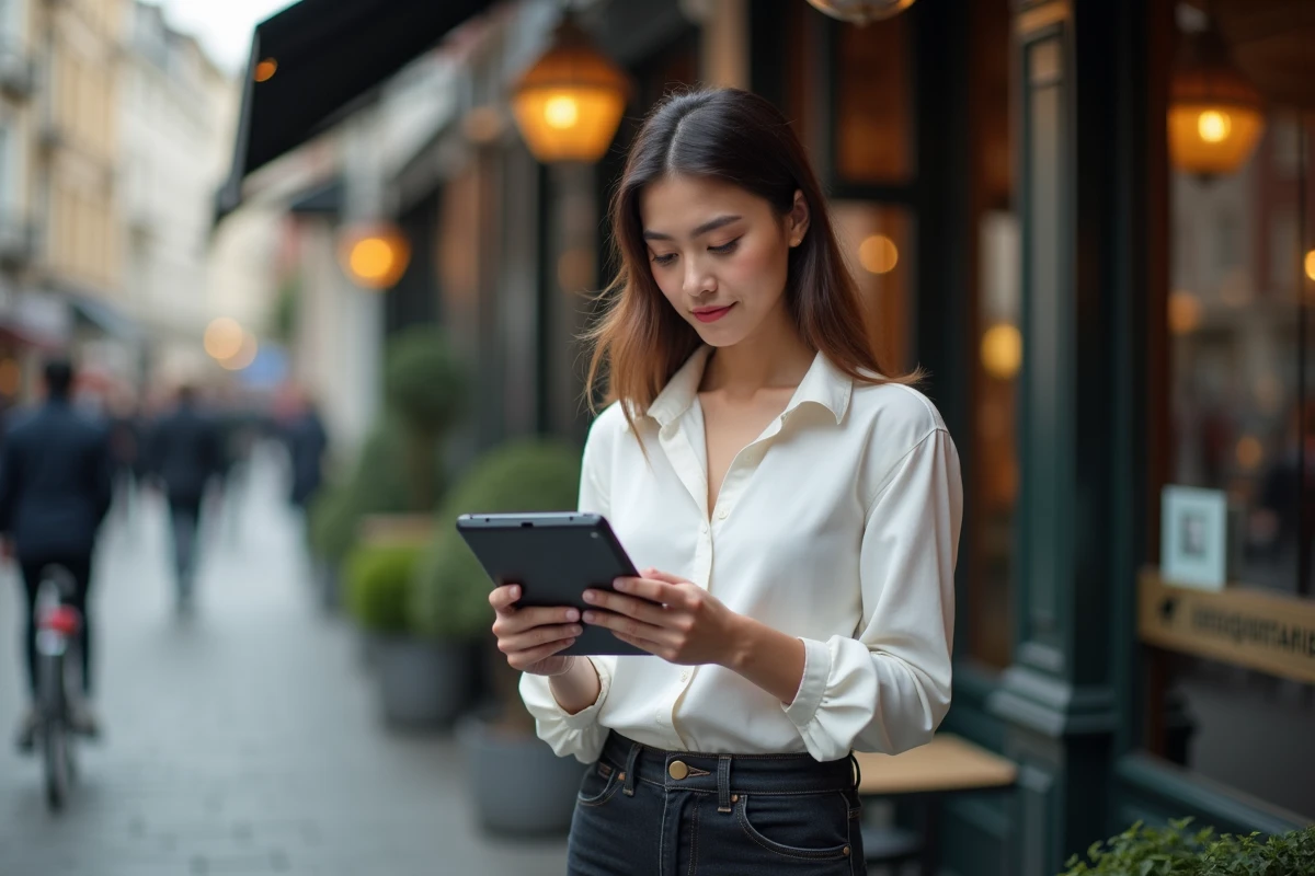 Jeune femme avec tablette devant un caf&eacute; en ville