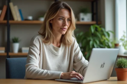 Femme d'&acirc;ge moyen travaillant sur son Chromebook &agrave; la maison