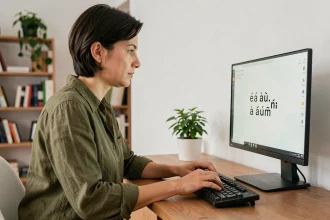 Femme tapant sur un clavier AZERTY en saisissant des caractères accentués internationaux sur un bureau en bois