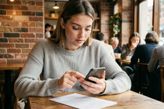 Jeune femme comparant des smartphones à 200 euros dans un café avec une liste de critères