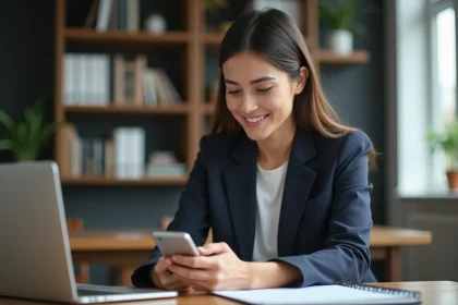 Femme professionnelle configure ses emails sur smartphone