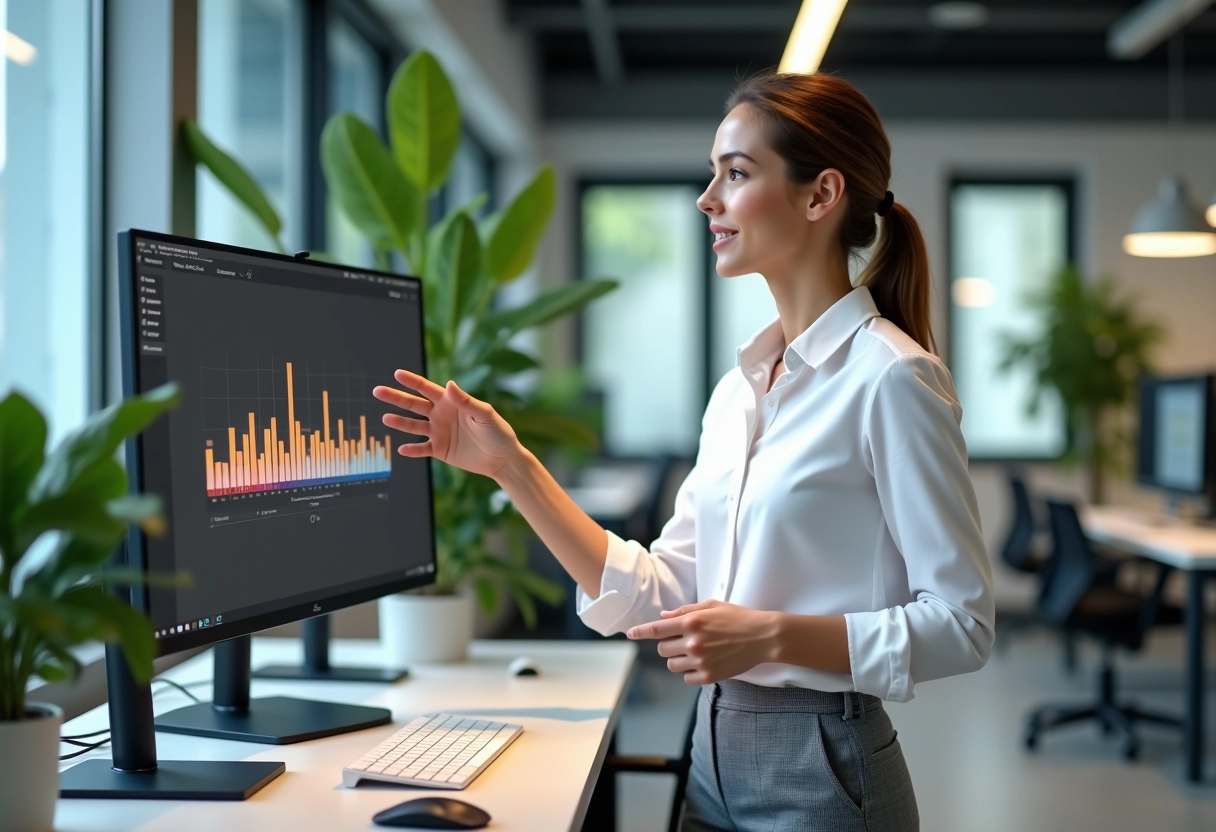 Femme en office montrant la progression de conversion vidéo