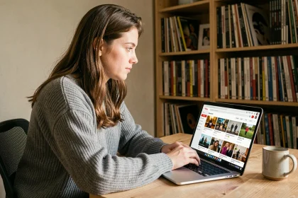 Jeune femme utilisant un convertisseur MP4 YouTube sur son ordinateur portable pour organiser sa médiathèque vidéo personnelle