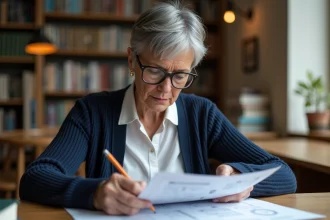 Femme adulte étudiant un cours d'informatique imprimé à une table de bibliothèque