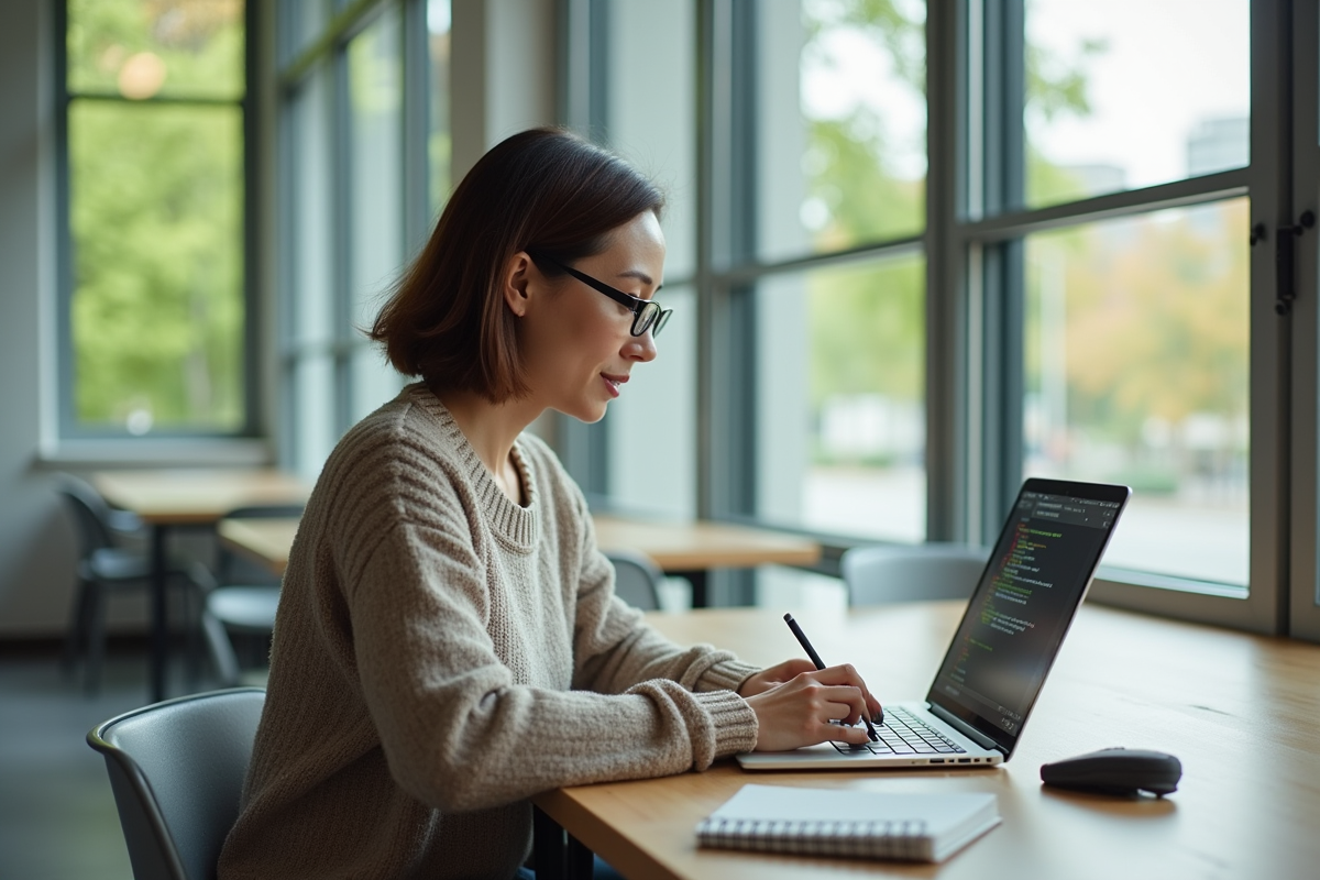 Femme en coworking lit des lignes de code sur son laptop