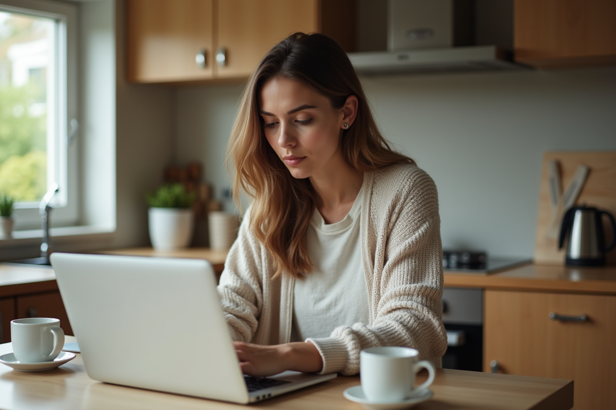 Femme assise à la cuisine en train de naviguer sur son ordinateur