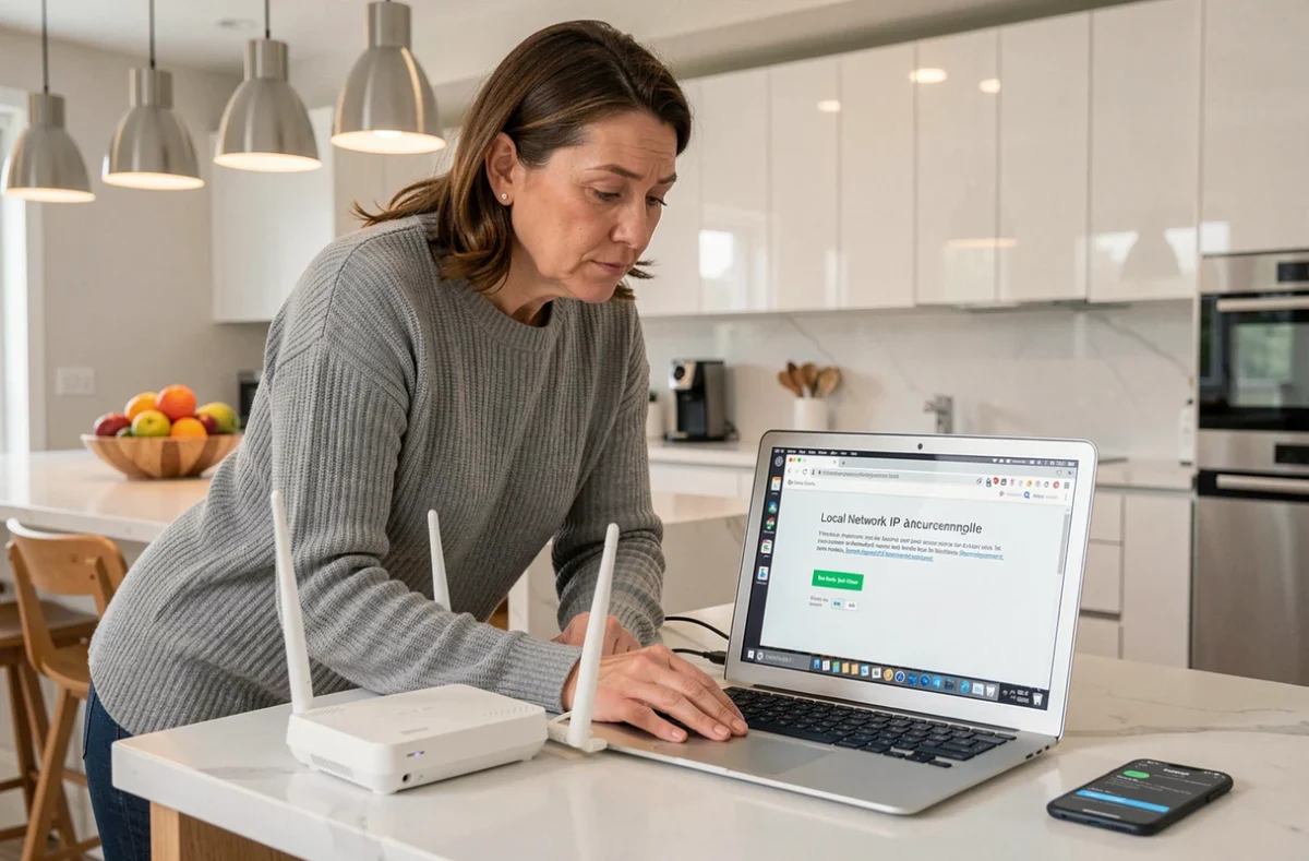 Femme dépannant un routeur Wi-Fi domestique et une erreur de connexion réseau sur son ordinateur portable dans une cuisine moderne