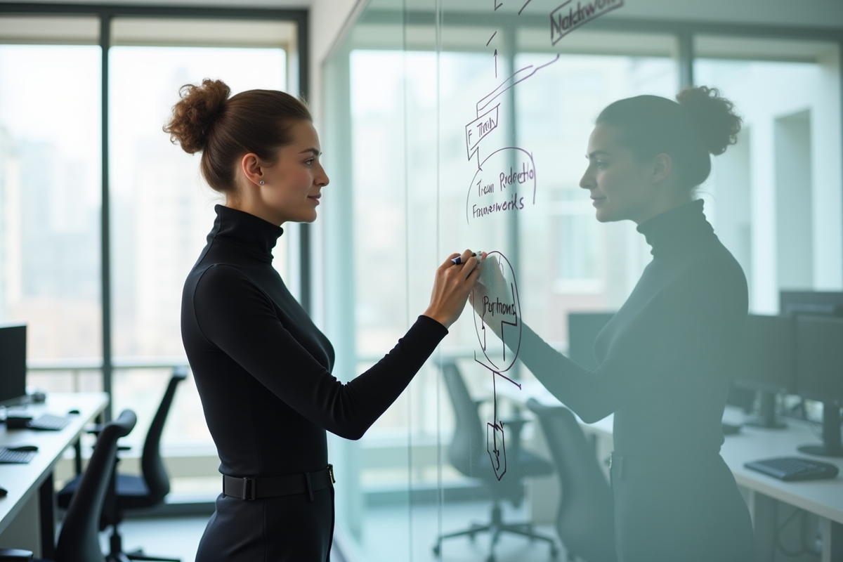 Femme esquissant un diagramme Python dans un espace de travail collaboratif