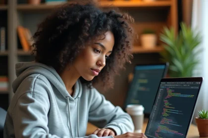 Jeune femme développeuse Python travaillant sur son ordinateur portable dans un bureau moderne à domicile